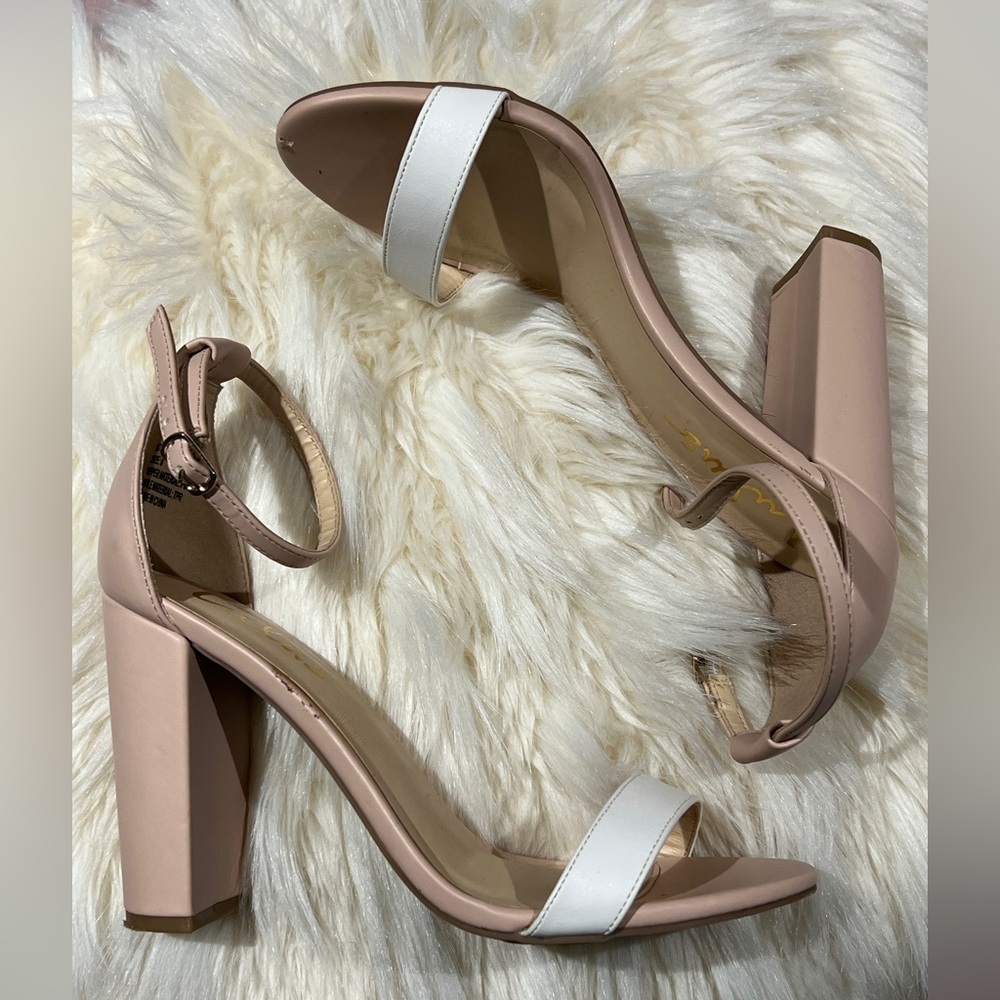 LULUS Suede Nude Blush Pink and White Prom Heels